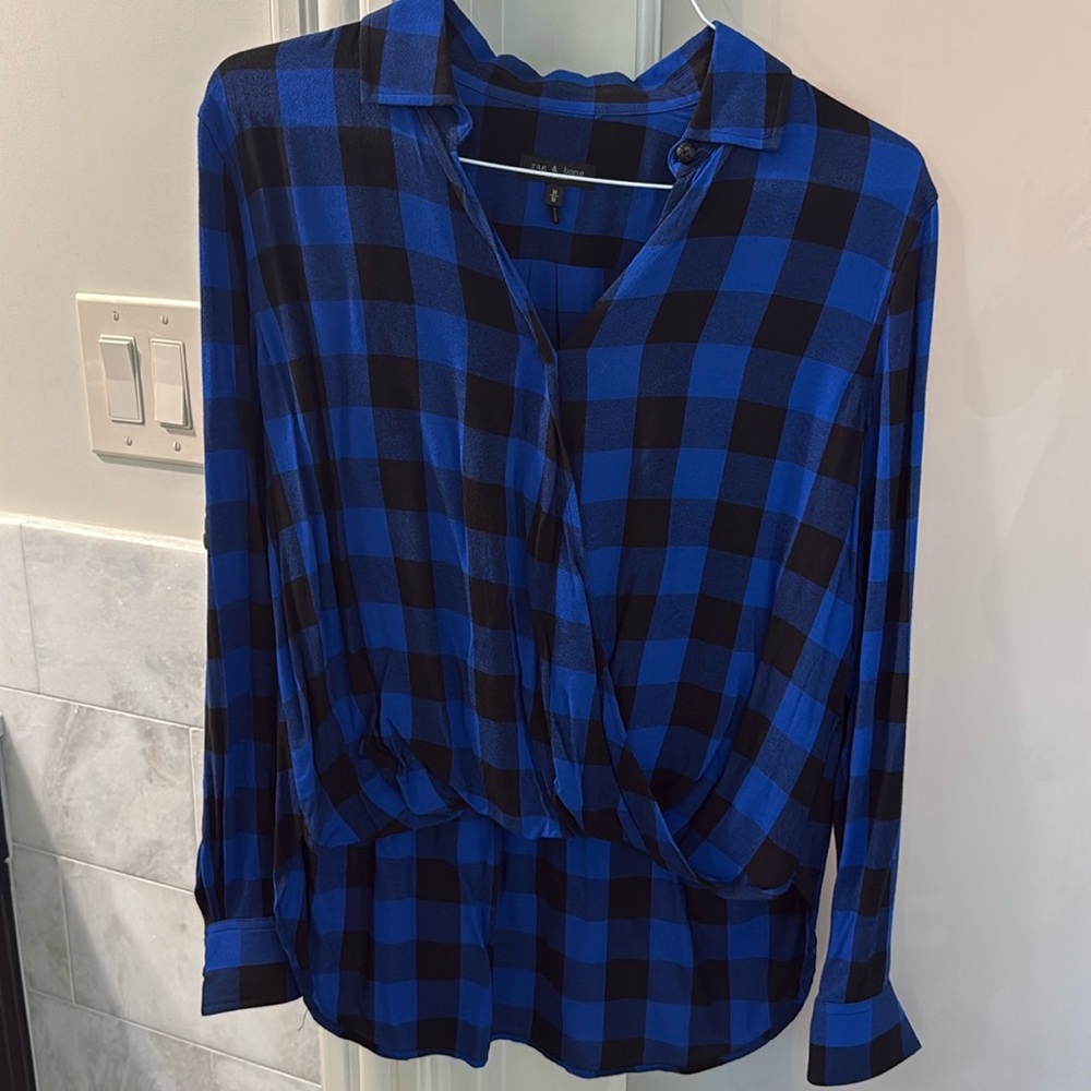 Rag & Bone Camille Buffalo Check Blue & Black High Low Blouson Shirt M Medium